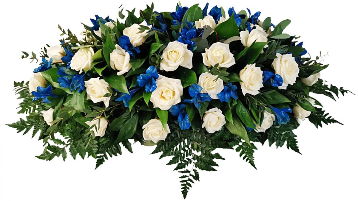 Композиция на гроб с белыми розами и ирисами 100 см