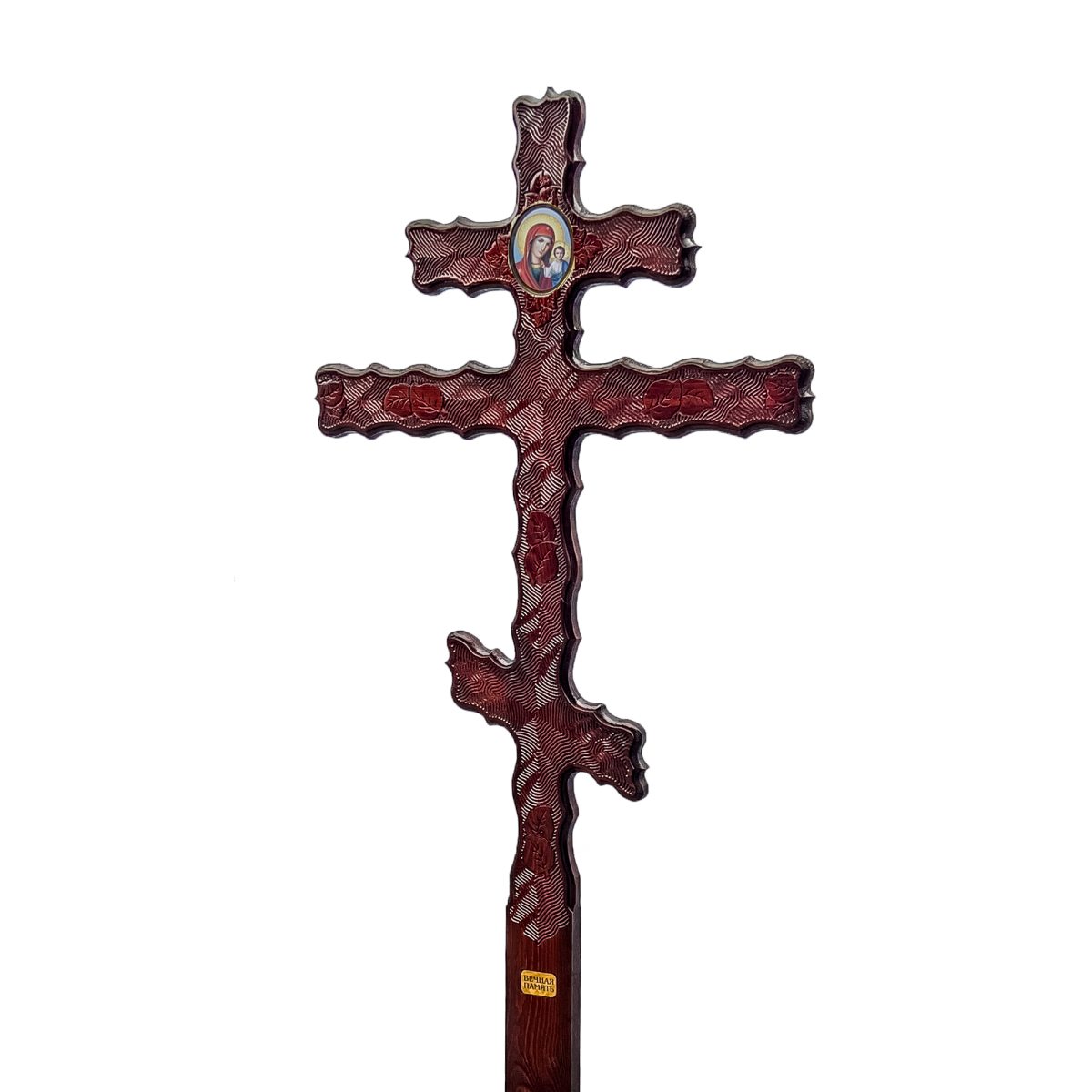 Крест на могилу сосновый Волна-Лист Березы с иконой Богородица